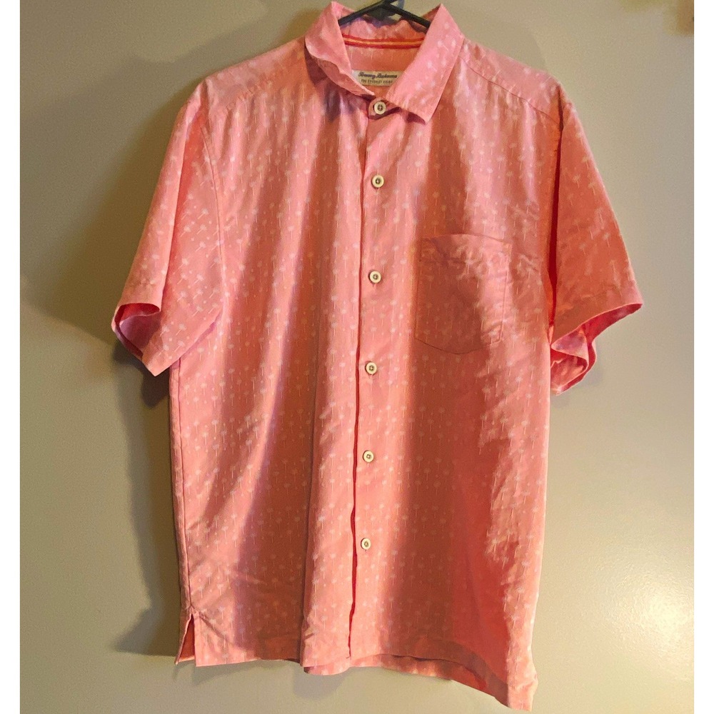 Tommy Bahama Coconut Point Men's M Short Sleeve Button Up Pink Palm Tree Pockets